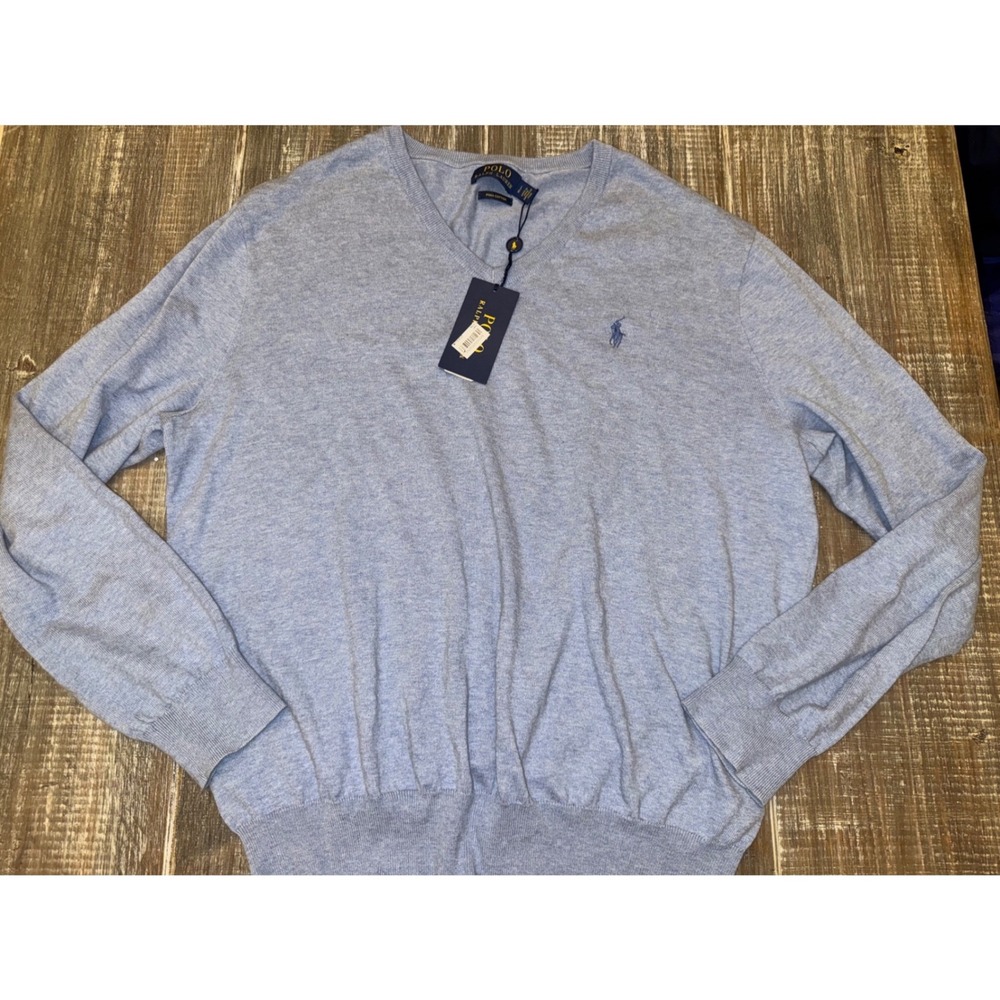 Polo Ralph Lauren Mens Pima Cotton V-Neck Sweater Light Blue NWT Size LG